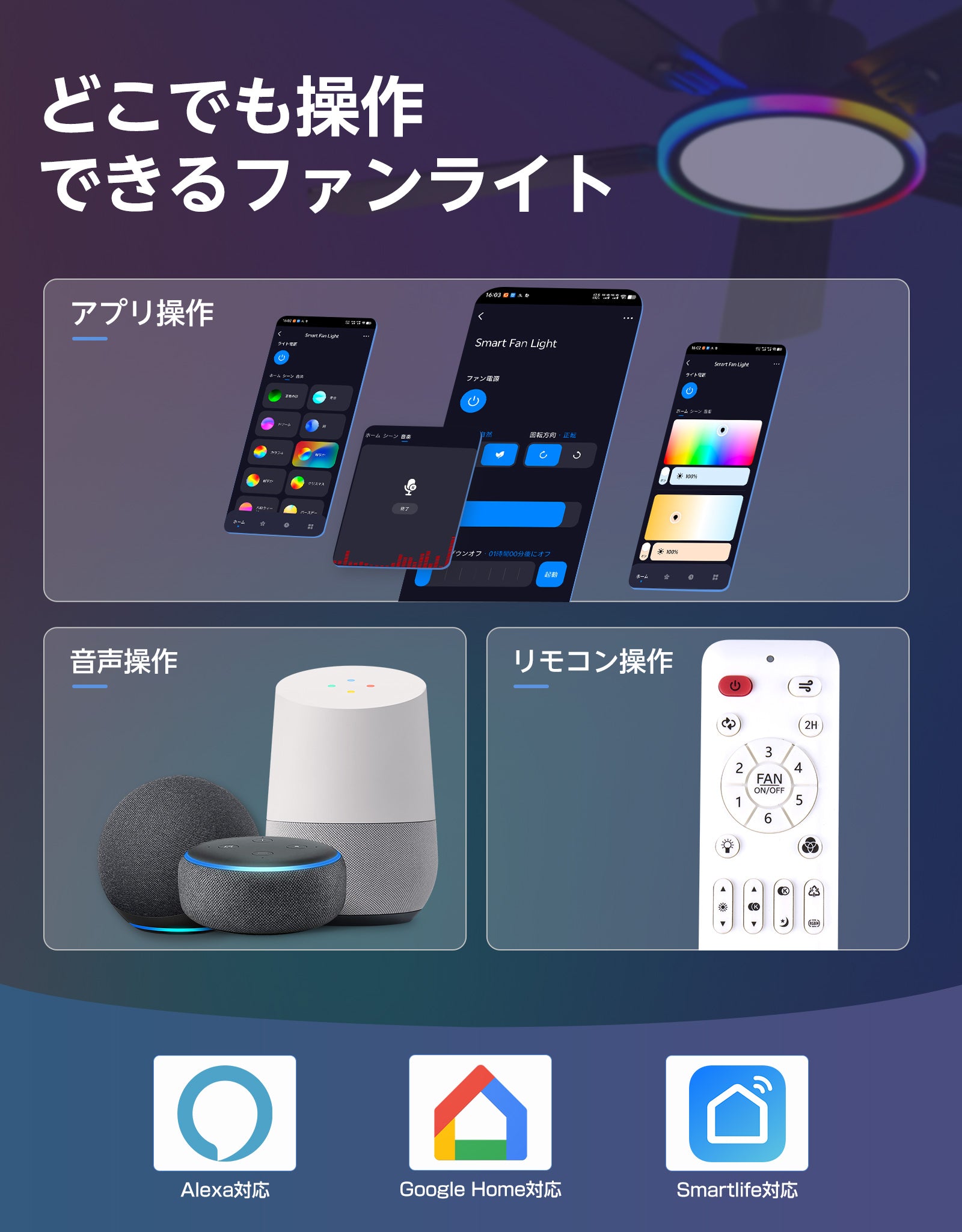 Alexa対応 RGB スマート 115cmシーリングファンライト